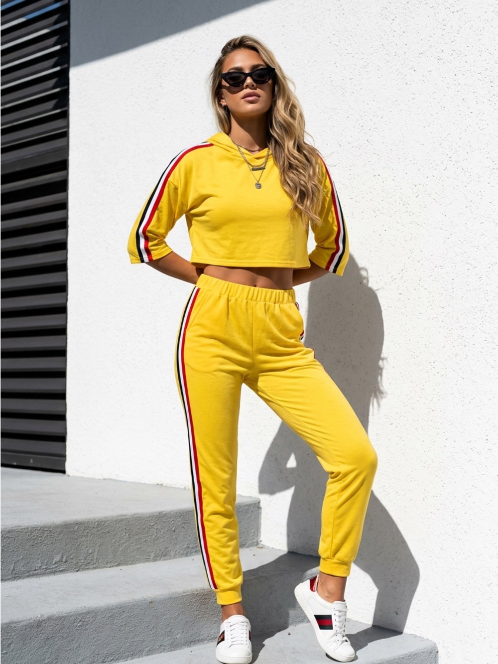 Annes Apparel NWOT Cropped Yellow Track Jogger Set with Side Stripes